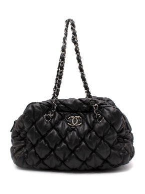 Chanel Black Bubble Quilt Bowler Camera Case Bag