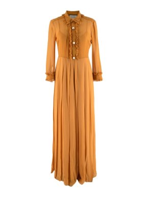 Gucci Ochre Silk Faux Pearl Button Down Sheer Shirt Dress