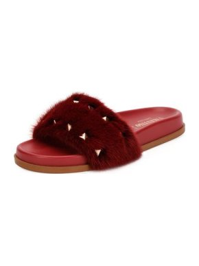 Valentino Garavani Red MInk Fur Rockstud Slides