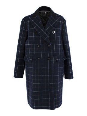 Sacai Navy Wool Double Breasted Check Coat
