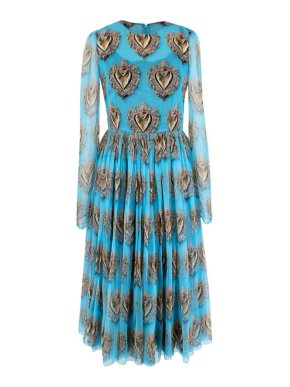 Dolce & Gabbana Sacred Heart Long Sleeve Blue Silk-Chiffon Dress
