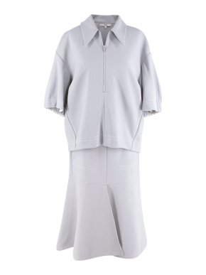 Tibi Light Grey Frisse Ponte Oversize Polo Shirt and Midi Skirt Set
