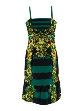 Prada Black & Green Striped Printed Sleeveless Dress