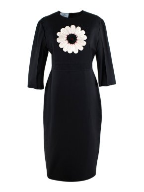 Prada Black Cream Flower Embellishment Silk Dress