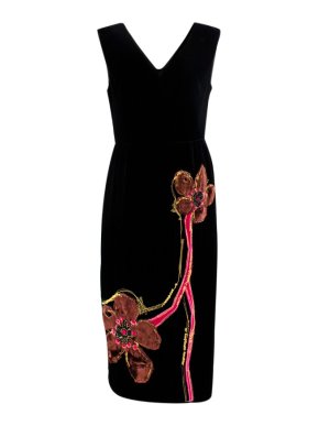 Prada Black Velvet Sleeveless Flower Applique Dress