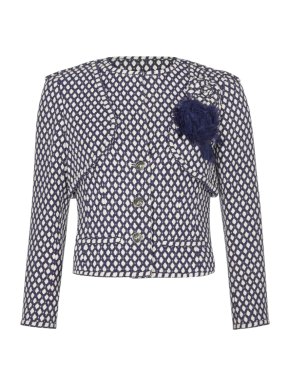 Chanel Blue & White Bamboo Tweed Structured Jacket w/ Camellia Brooch