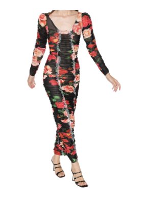 Molly Goddard Roma Black Floral Print Ruched Mesh Dress