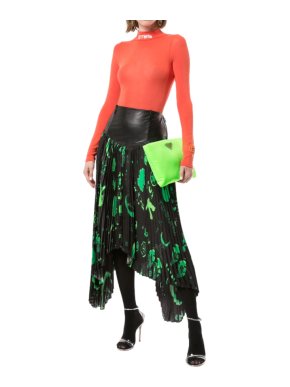 Marine Serre Black & Green Hieroglyphic Asymmetric Pleated Skirt