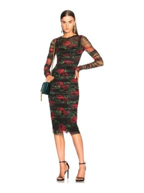 Dolce & Gabbana Rose Print Tulle Ruched Dress