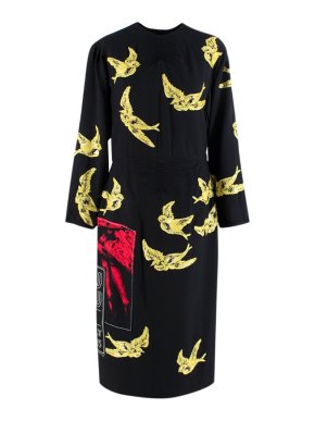 Miu Miu Black & Yellow Sequin Bird Embroidered Dress