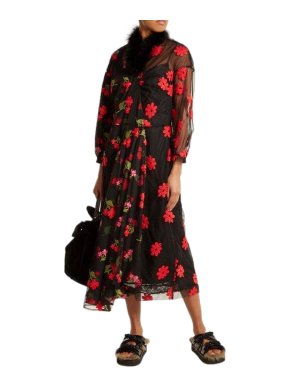 Simone Rocha Feather-trimmed embroidered tulle midi dress