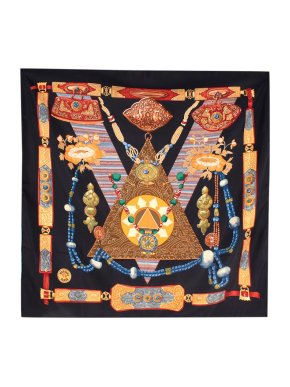 Hermes Black Tibet Printed Silk Scarf 90