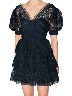 Self Portrait navy guipure lace puff sleeve mini dress