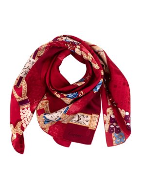 Cartier Red Silk Must De Cartier Watch Print Scarf