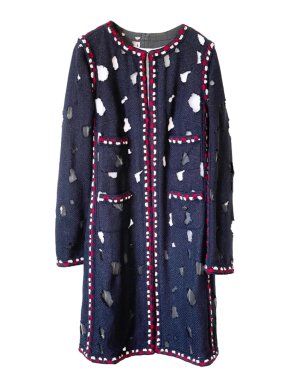 Chanel iconic Blue, Red & Ecru Distressed Tweed Coat