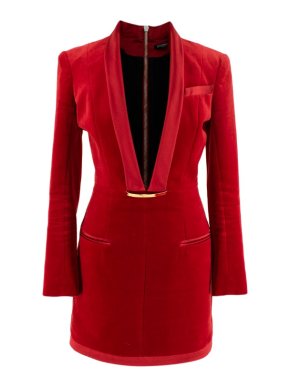 Balmain Red Deep V-neck Velvet Mini Dress