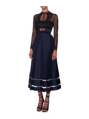 Self Portrait Sheer Lace & Box-Pleated Midi Dress