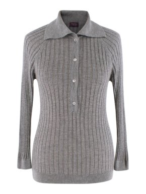 Asprey Grey Cashmere Ribbed Collared Sweater
