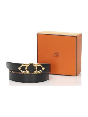 Hermes Black & Gold Reversible Leather Vintage Belt GHW - Size 72