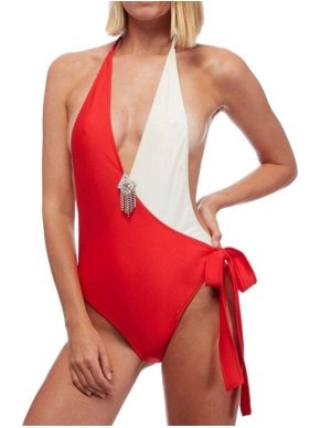 Gucci Red & White Crystal Embellished Halterneck Swimsuit