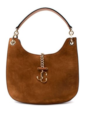 Jimmy Choo Varenne Logo Plaque Brown Suede Shoulder Bag