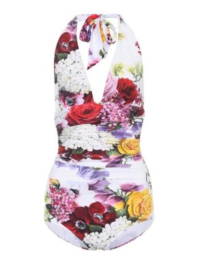 Dolce & Gabbana White Floral Print Halterneck Swimsuit