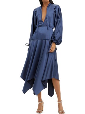 Self-Portrait Satin Asymmetric Midi Dress in Navy