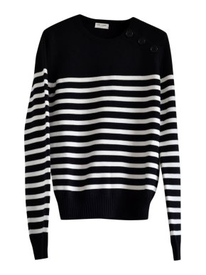 Saint Laurent button neck black and ivory striped wool sweater
