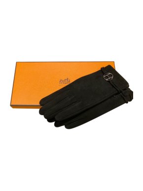 Hermes Black Suede Palladium Logo Gloves - Size 7.5
