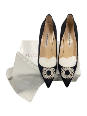 Manolo Blahnik Black Satin Crystal Buckle Pumps