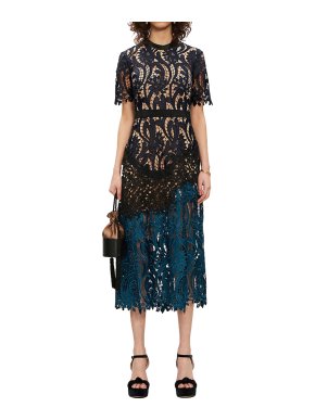 Self Portrait Blue Prairie Guipure Lace Midi Dress