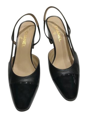 Chanel Black Patent Cap-Toe Low Heel Slingback Sandals