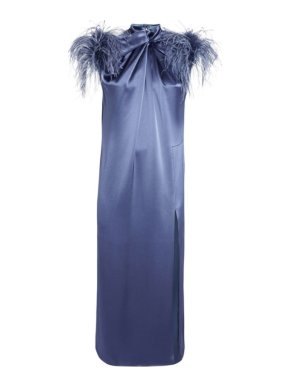 16Arlington Yoshina Feather Trimmed Satin Midi Dress
