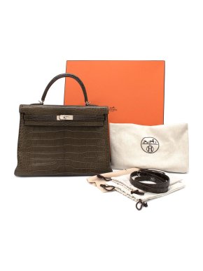 Hermes Matte Gris Elephante Alligator Kelly Retourne 35 PHW - Full Set