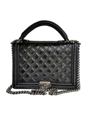 Chanel Black Glossy Quilted Leather Top Handle Boy Bag
