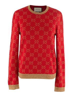 Gucci Red and Gold GG Supreme Intarsia Sweater
