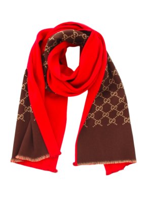 Gucci Red & Brown Monogram Reversible Scarf