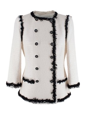 Chanel White & Black Tweed Fringed Trim Double Breasted Jacket