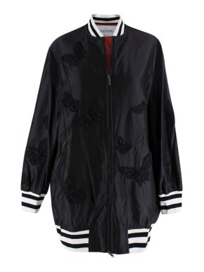 Valentino Butterfly Embroidered Silk Black Bomber Jacket