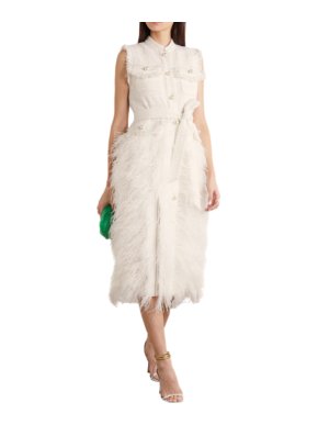 Huishan Zhang Wyatt Ivory Feather Tweed Pleated Crepe Dress
