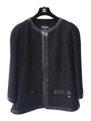 Chanel black leather trimmed tweed jacket