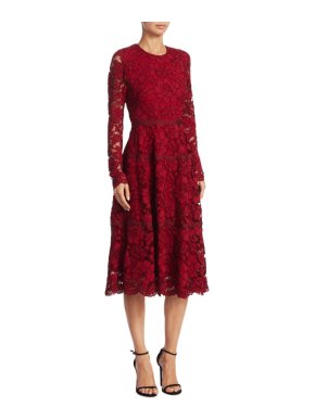 Lela Rose Red Floral Corded Lace Long Sleeve