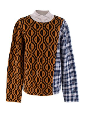 Dries van Noten Orange/Blue Patterned Wool High-Neck Jumper