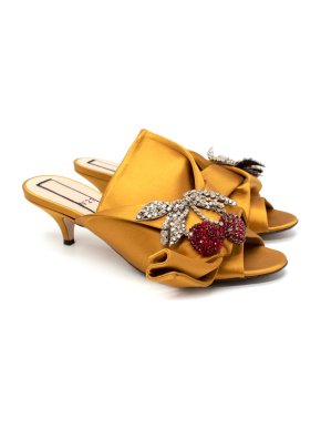 No.21 Mustard Yellow Satin Cherry Crystal Embellished Mules