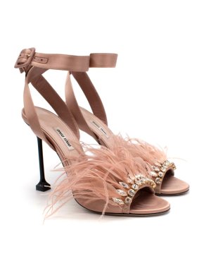Miu Miu Pink Feather Crystal Embellished Heeled Sandals