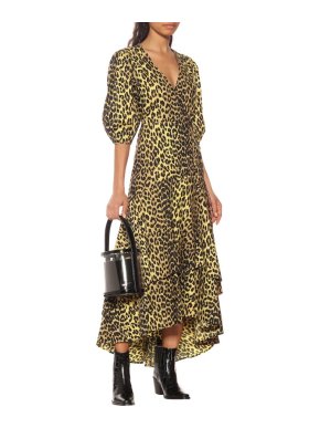 Ganni Leopard Printed Cotton Yellow Wrap Dress