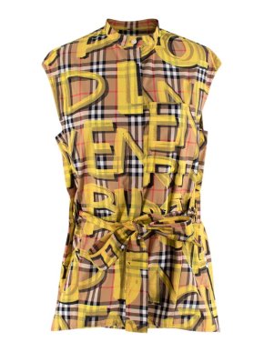 Burberry Yellow Sleeveless Graffiti Print Check Cotton Shirt