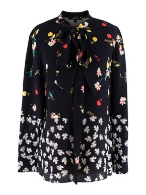 Derek Lam Black Mixed Floral Tie-neck Silk Blouse