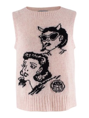Prada SS18 Wool Pastel Pink & Black Graphic Intarsia Knitted Vest