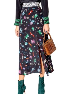 Rixo Thalia Constellation Space Age Print silk midi skirt